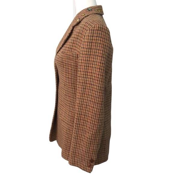 Armand Ventilo Brown Houndstooth Print Wool Blazer Beaded Collar, French Size 40 - Picture 6 of 13